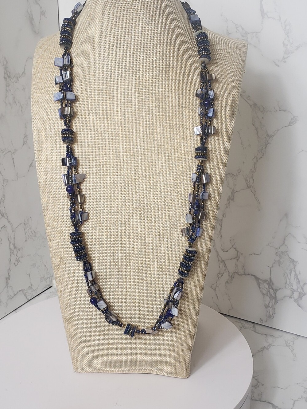 Elaborate Multi-Strand Seed Bead Necklace Blue & Bronze